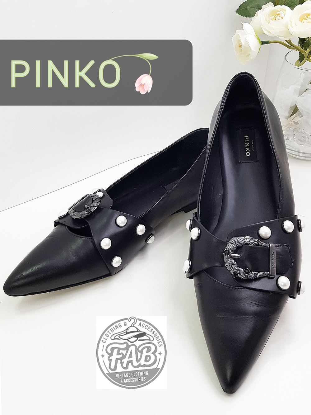 PINKO🎀Italian Leather Pearl Embellished Buckle Pointed-Toe Ballet Flats